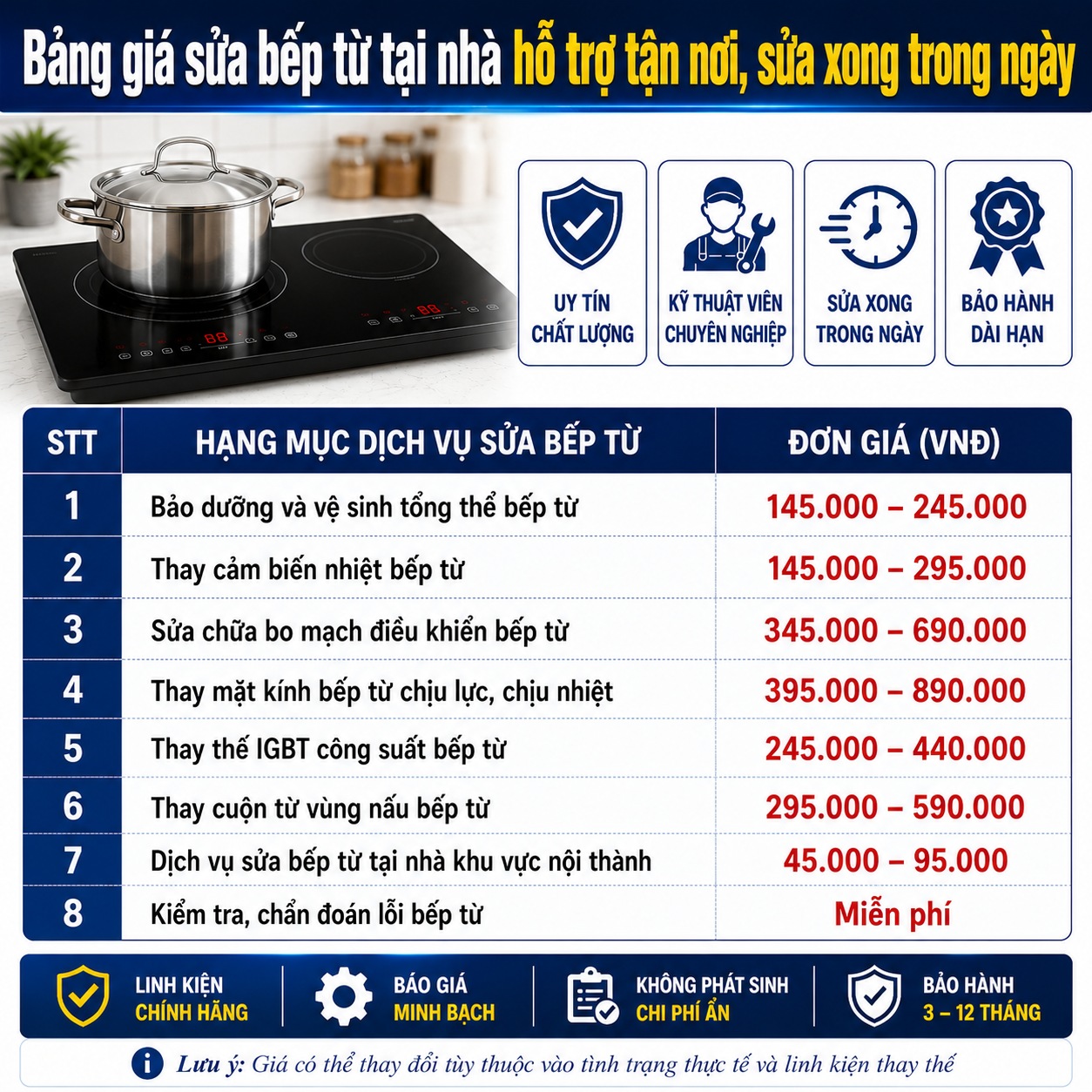Bảng giá sửa bếp từ theo các mức độ và sự cố hỏng hóc thực tế. Giá sửa bếp từ đối với thay thế IGBT công suất, giá thay cuộn từ vùng nấu của bếp, giá sửa chữa board mạch điều khiển của bếp... Bảng giá sửa bếp từ theo các mức độ và sự cố hỏng hóc thực tế. Giá sửa bếp từ đối với thay thế IGBT công suất, giá thay cuộn từ vùng nấu của bếp, giá sửa chữa board mạch điều khiển của bếp...