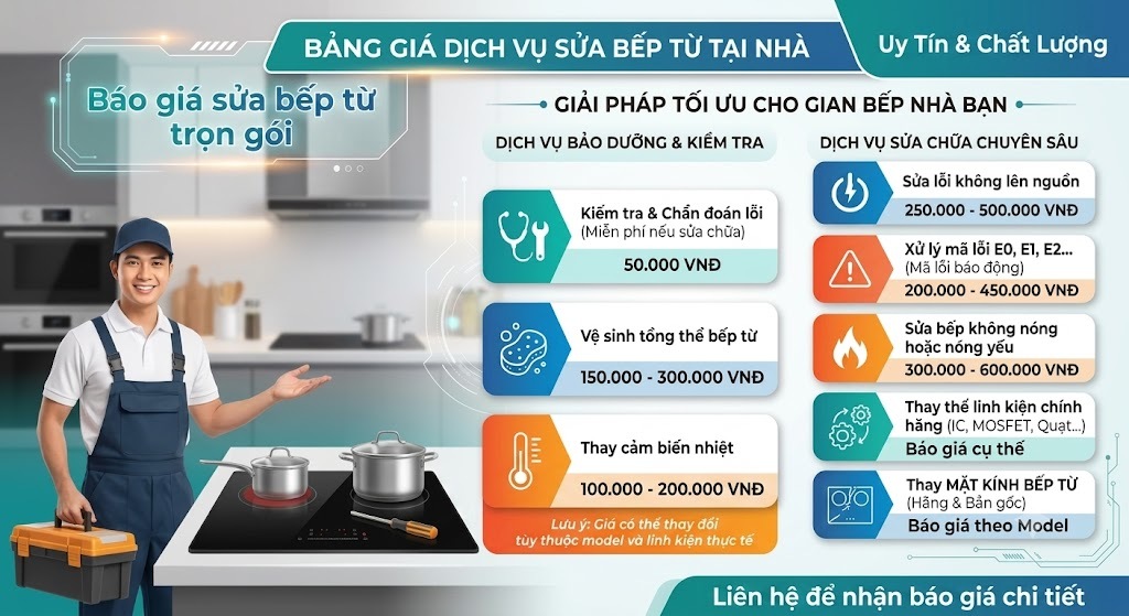Bảng giá sửa bếp từ trọn gói tổng thể. Bảng giá vệ sinh tổng thể cho bếp từ, giá sửa bếp không nóng hoặc nóng yếu không đun được, báo giá thay mặc kính bếp từ, giá kiểm tra và chẩn đoán lỗi.... Bảng giá sửa bếp từ trọn gói tổng thể. Bảng giá vệ sinh tổng thể cho bếp từ, giá sửa bếp không nóng hoặc nóng yếu không đun được, báo giá thay mặc kính bếp từ, giá kiểm tra và chẩn đoán lỗi....