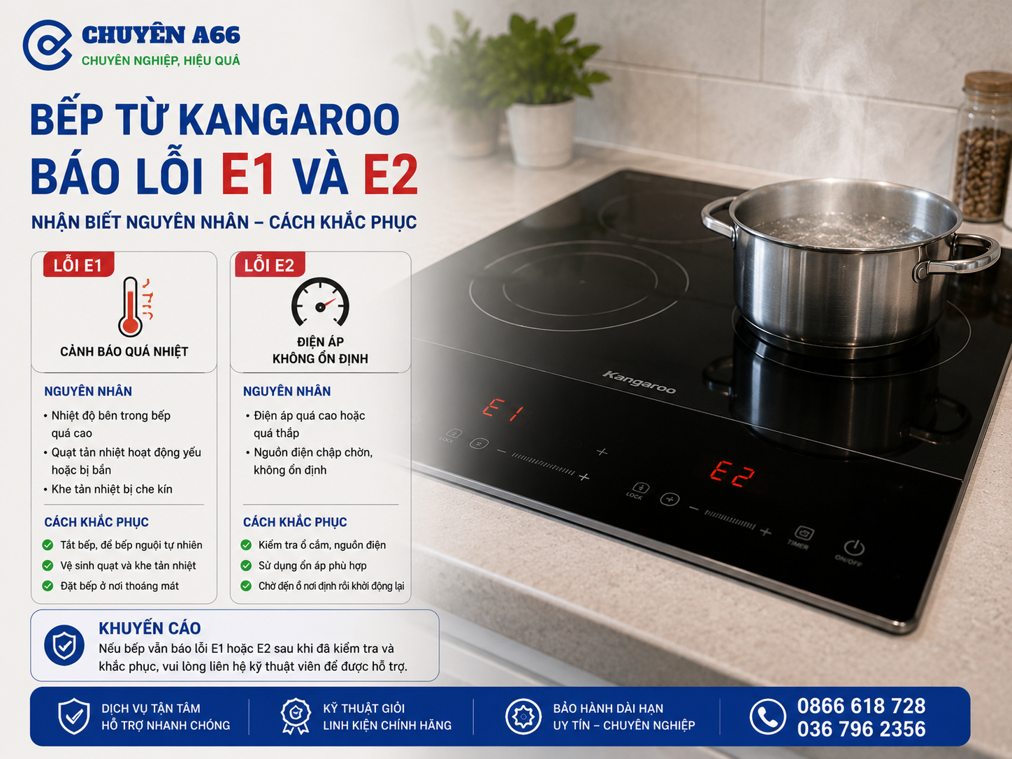 Bếp từ Kangaroo báo lỗi E1 và E2 do quá nhiệt hoặc điện áp nguồn không ổn định, hướng dẫn nhận biết nguyên nhân, cách kiểm tra và khắc phục an toàn.