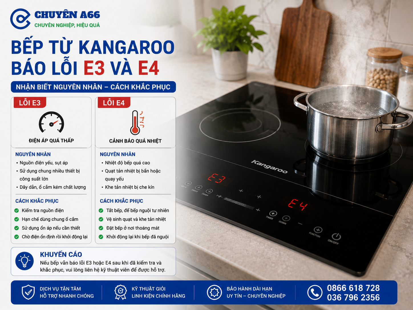 Bếp từ Kangaroo báo lỗi E3 và E4 do điện áp nguồn thấp hoặc bếp quá nhiệt, tìm hiểu nguyên nhân thường gặp và cách kiểm tra, khắc phục an toàn.