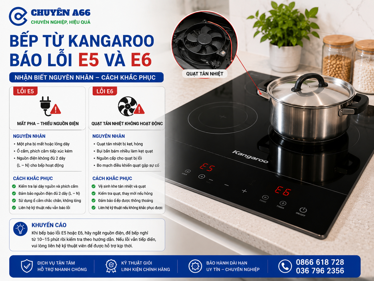 Bếp từ Kangaroo hiển thị lỗi E5 và E6, thường liên quan đến nguồn điện không đủ hoặc hệ thống quạt tản nhiệt gặp sự cố. Người dùng nên kiểm tra dây nguồn, ổ cắm, nguồn cấp điện và khe thông gió; đồng thời vệ sinh, kiểm tra quạt tản nhiệt. Nếu bếp vẫn báo lỗi sau khi đã ngắt nguồn và kiểm tra các yếu tố bên ngoài, nên để kỹ thuật viên kiểm tra bo mạch và hệ thống làm mát