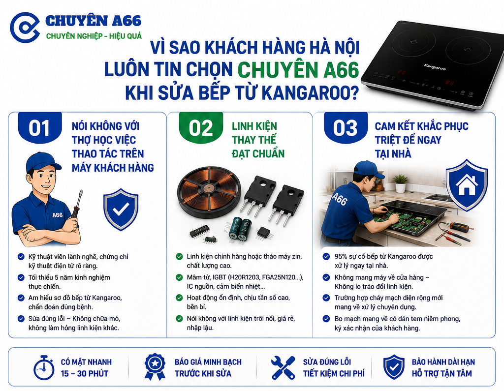 Những điểm khác biệt của CHUYÊN A66 khi sửa bếp từ Kangaroo tại Hà Nội gồm kỹ thuật viên giàu kinh nghiệm, linh kiện thay thế đạt chuẩn, kiểm tra và sửa chữa tại nhà, báo giá minh bạch cùng chính sách bảo hành rõ ràng