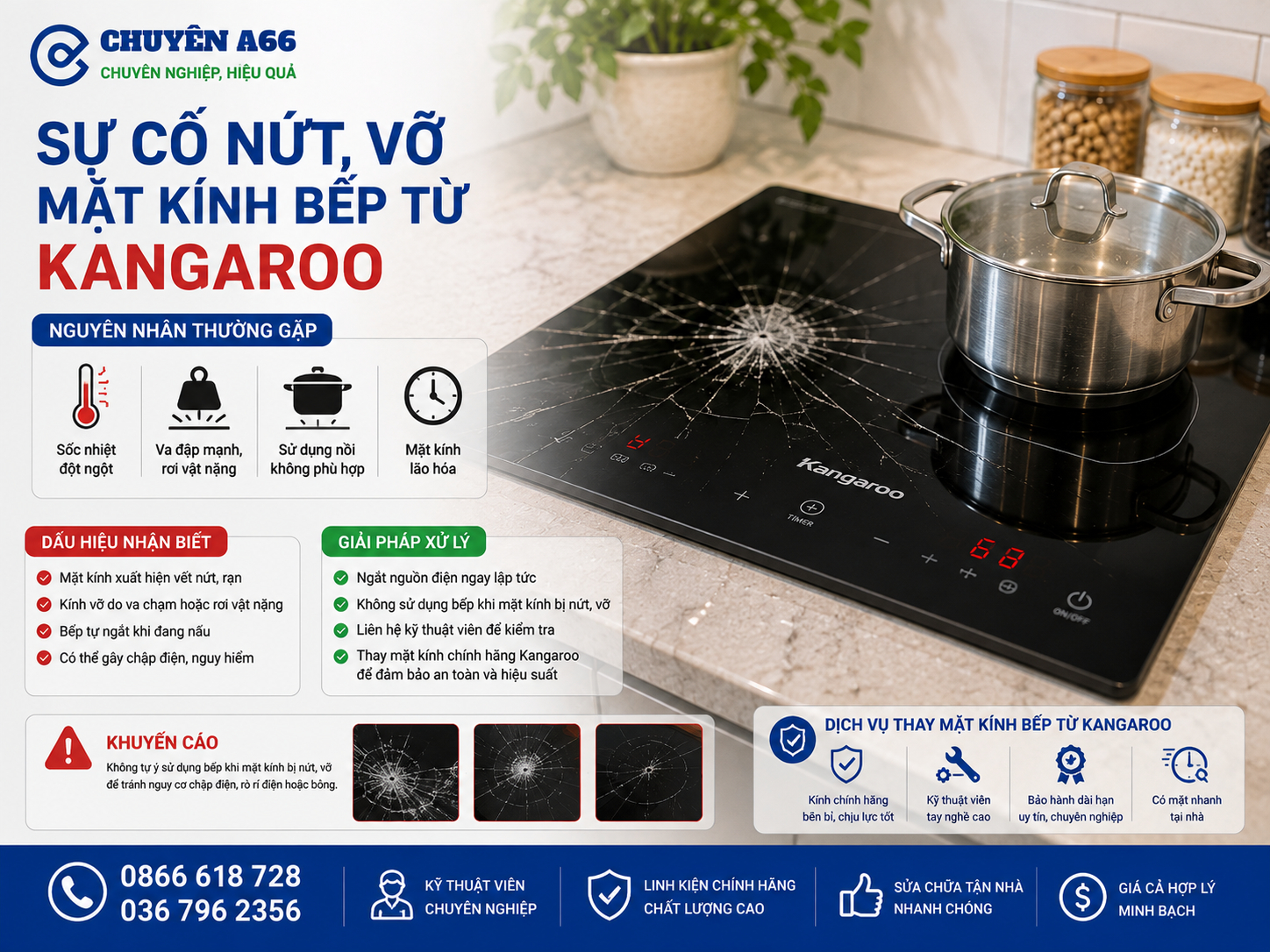 Sự cố nứt vỡ mặt kính bếp từ Kangaroo do sốc nhiệt, va đập, đặt nồi không phù hợp hoặc mặt kính lão hóa, kèm dấu hiệu nhận biết và hướng xử lý an toàn.