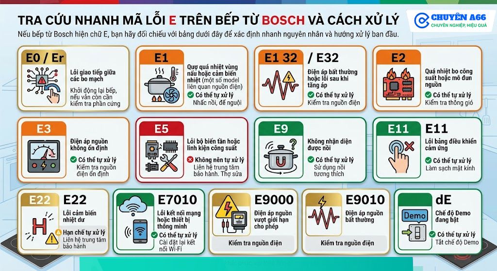 Bảng tra cứu bếp từ Bosch báo lỗi E phổ biến như E0, E1, E2, E3, E5, E9, E11, E22, E9000,... và cách xử lý