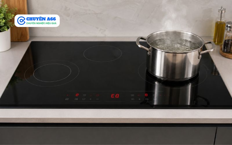 Bếp từ Mitsubishi báo lỗi E8 trên màn hình điều khiển do cảm biến nhiệt hoặc hệ thống tản nhiệt hoạt động bất thường khiến bếp tự ngắt để bảo vệ linh kiện.