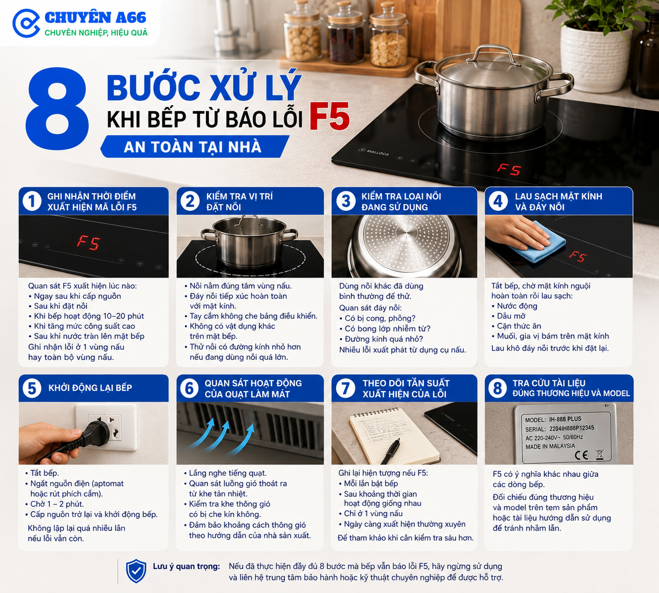 Các bước xử lý bếp từ báo lỗi F5 tại nhà theo trình tự an toàn: xác định thời điểm xuất hiện mã lỗi, kiểm tra nồi và mặt kính, khởi động lại thiết bị, quan sát quạt làm mát, theo dõi tần suất lỗi và đối chiếu đúng thương hiệu, model để xác định nguyên nhân trước khi can thiệp sửa chữa.