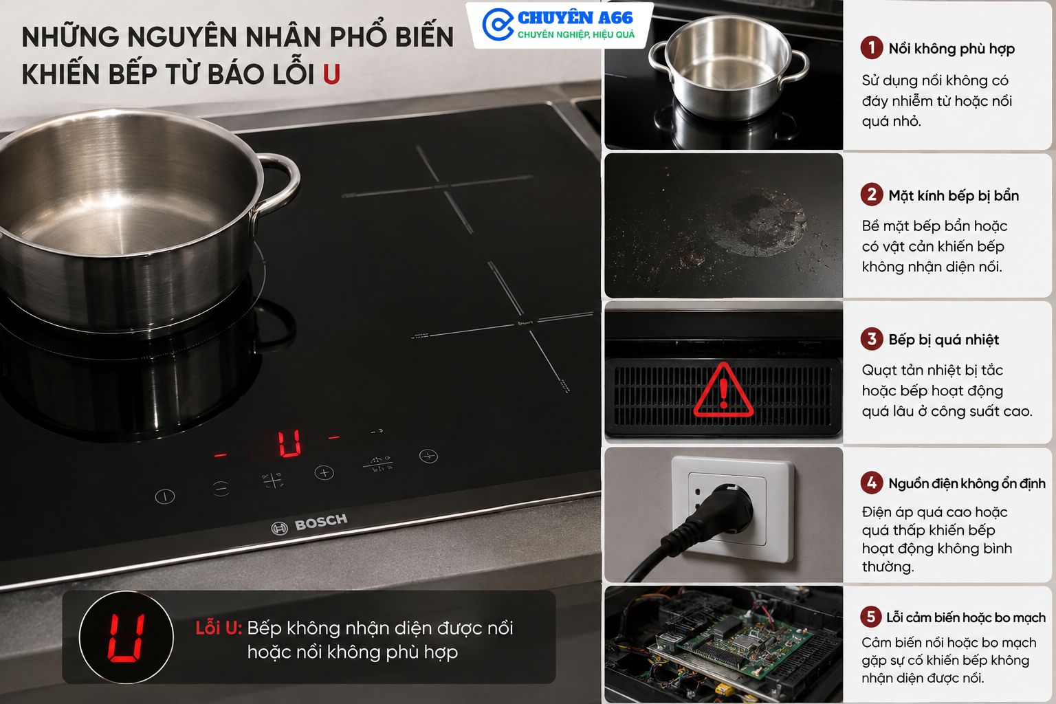 Nguyên nhân phổ biến khiến bếp từ báo lỗi U như nồi không tương thích, đường kính đáy nồi quá nhỏ, chất liệu không nhiễm từ, đặt lệch vùng nấu hoặc đáy nồi bị cong vênh khiến bếp không nhận nồi.
