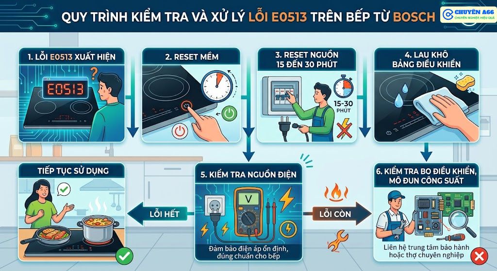 Các bước kiểm tra nên được thực hiện theo thứ tự từ đơn giản đến chuyên sâu để xác định đúng nguyên nhân khiến bếp từ Bosch báo lỗi E0513.