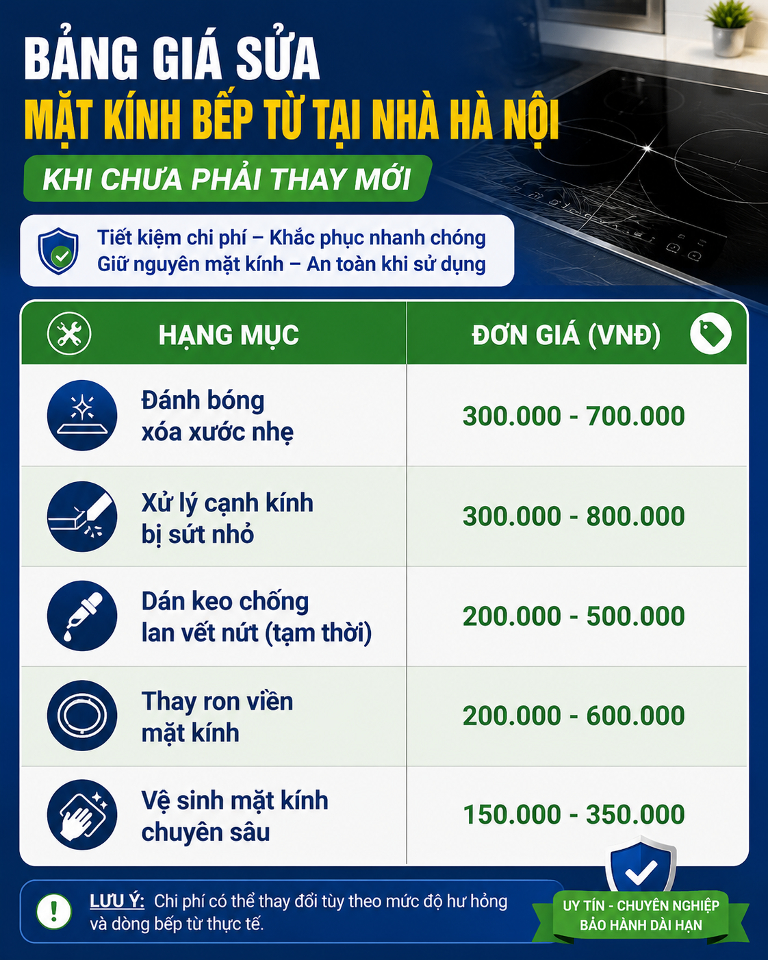 Bảng giá sửa mặt kính bếp từ tại nhà Hà Nội khi chưa cần thay mới gồm đánh bóng xóa xước mặt kính, xử lý cạnh kính bị sứt, dán keo chống lan vết nứt, thay ron viền mặt kính và vệ sinh mặt kính bếp từ chuyên sâu với chi phí sửa chữa tham khảo.