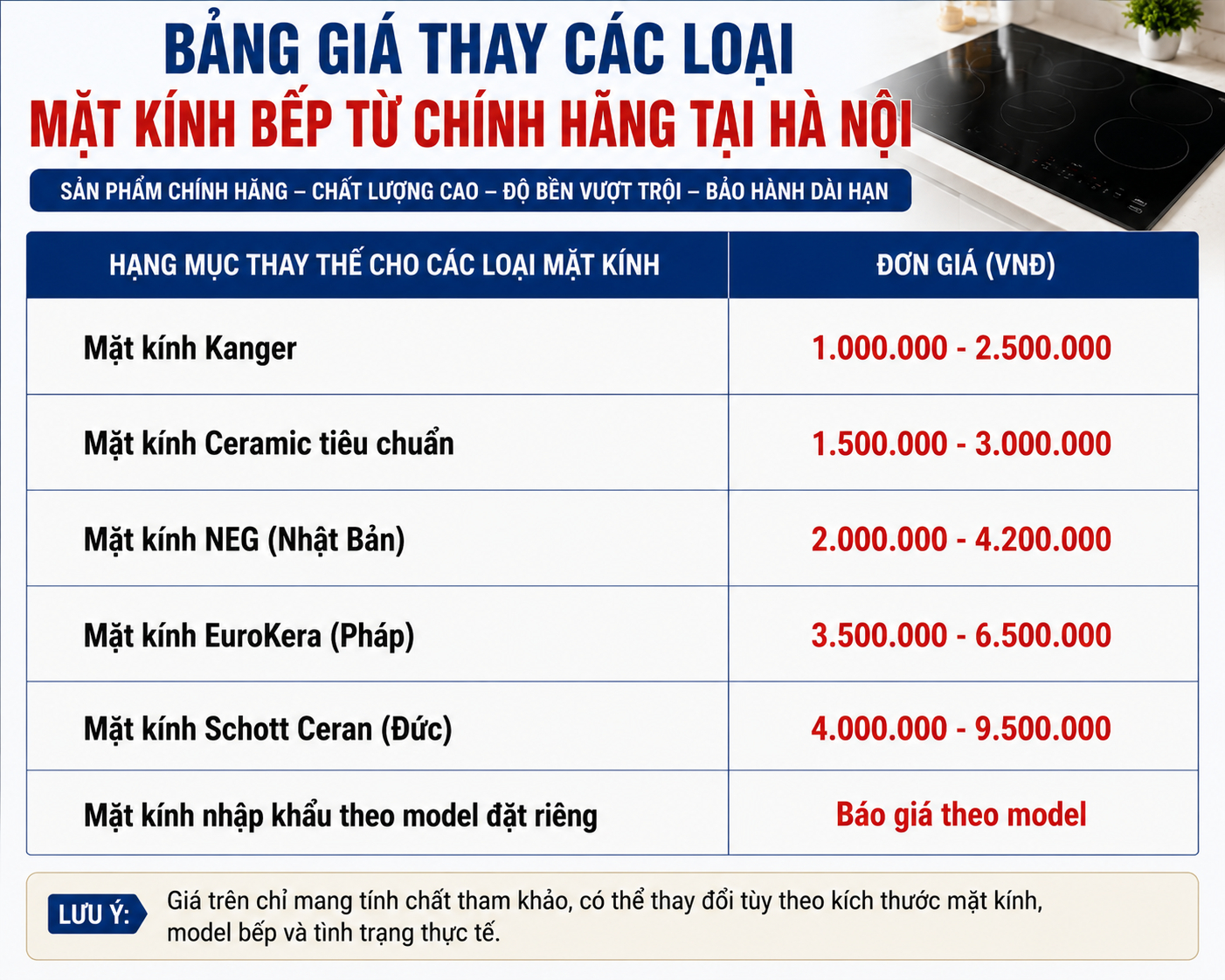 Bảng giá thay các loại mặt kính bếp từ chính hãng tại Hà Nội, cập nhật chi phí thay mặt kính Kanger, Ceramic, NEG Nhật Bản, EuroKera Pháp, Schott Ceran Đức và mặt kính nhập khẩu theo model riêng