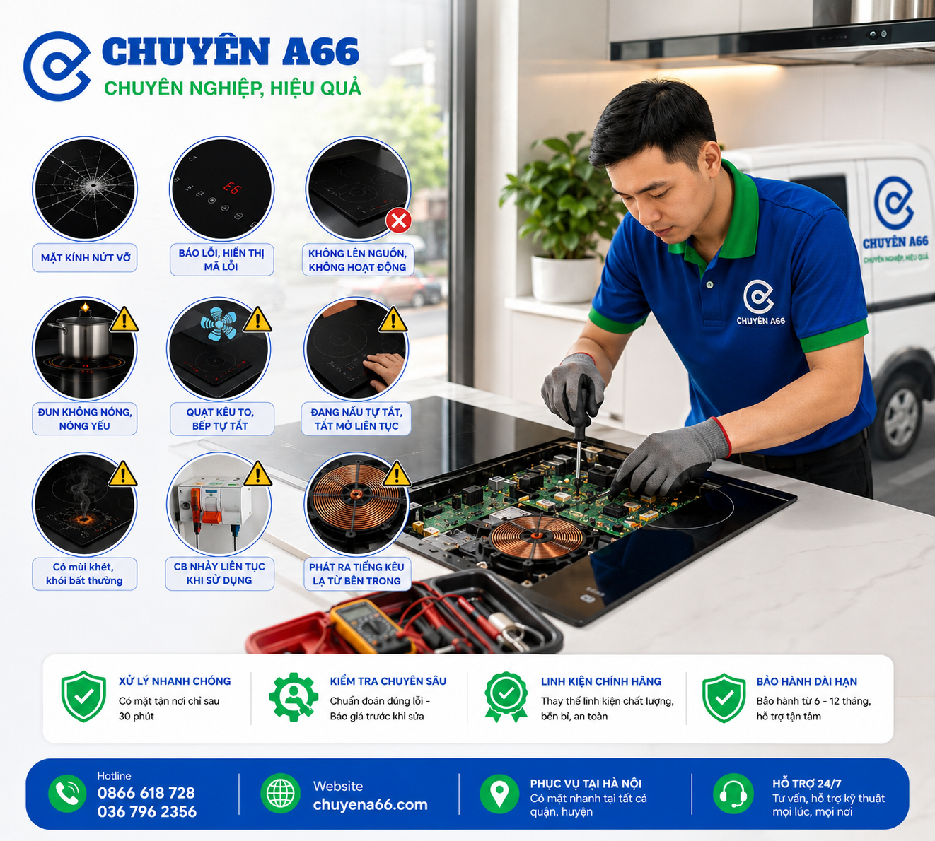 Dấu hiệu cần gọi thợ sửa bếp từ tại Hà Nội như bếp báo lỗi, không lên nguồn, không nóng, tự ngắt, mặt kính nứt vỡ, có mùi khét, quạt kêu to hoặc phát ra tiếng lạ được CHUYÊN A66 kiểm tra và sửa chữa chuyên nghiệp.