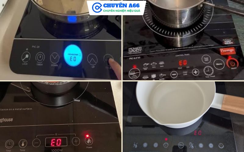 Lỗi E0 không nhận nồi bếp từ do dùng nồi không tương thích, đặt sai vị trí, đáy nồi cong vênh hoặc mặt kính bếp bẩn khiến bếp không nhận diện dụng cụ nấu