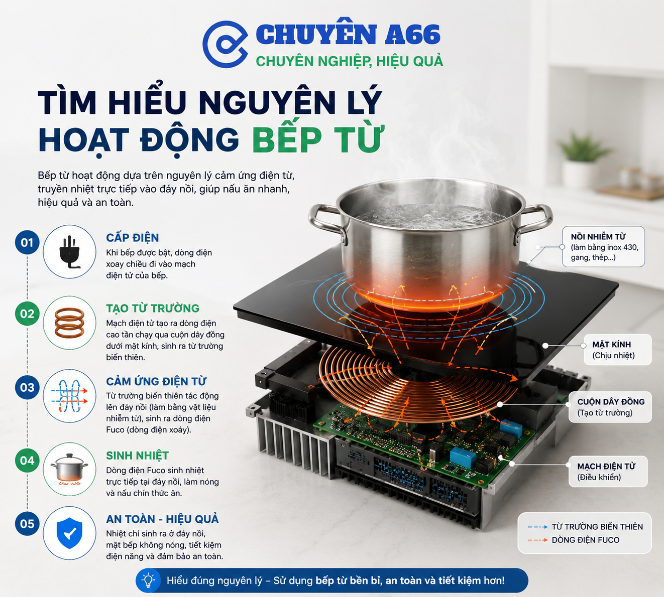 Nguyên lý hoạt động bếp từ dựa trên cảm ứng điện từ, tạo nhiệt trực tiếp ở đáy nồi