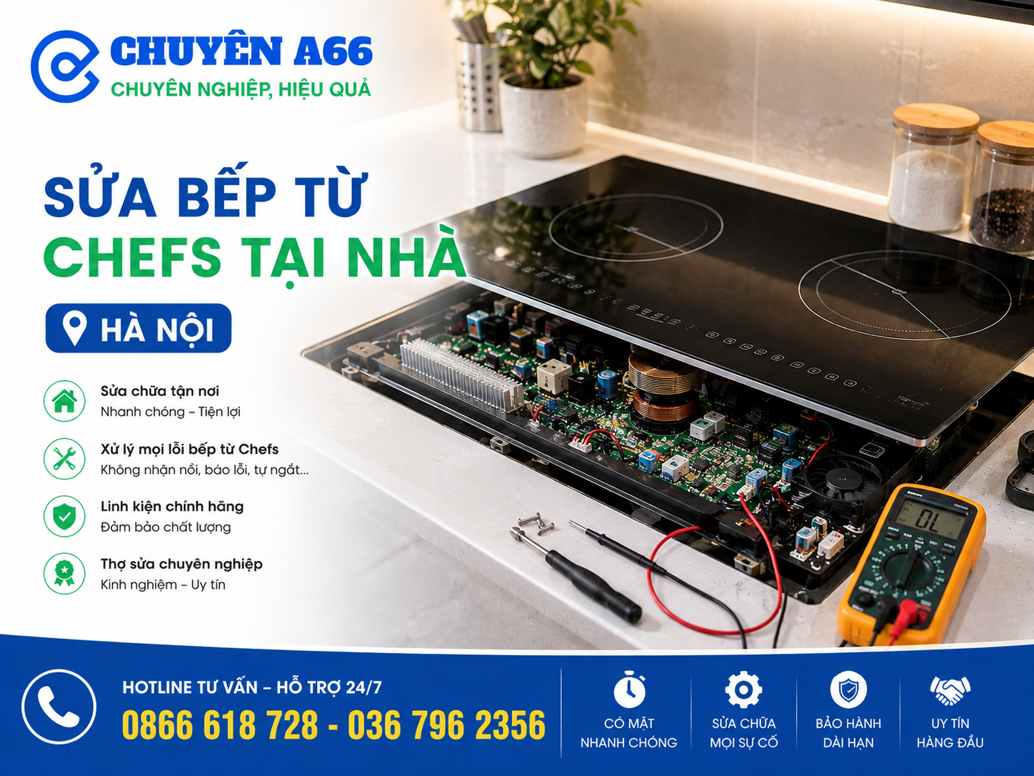 Sửa bếp từ Chefs tại nhà Hà Nội với dịch vụ kiểm tra lỗi, khắc phục sự cố nhanh, thay linh kiện phù hợp và bảo hành đầy đủ từ Chuyên A66.
