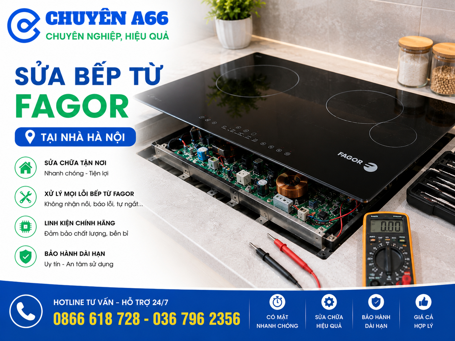 Dịch vụ sửa bếp từ Fagor tại nhà Hà Nội, hỗ trợ kiểm tra bếp không nhận nồi, báo lỗi, tự ngắt, hoạt động chập chờn và xử lý sự cố bằng thiết bị chuyên dụng.